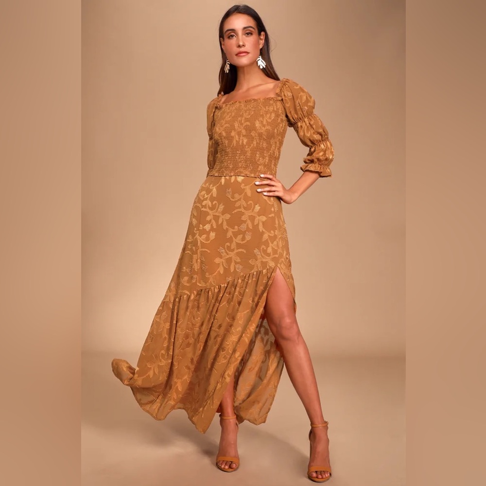 Lulu’s Wanderlust & Wonder Bronze Leaf Print Smocked Puff-Sleeve Top & Skirt